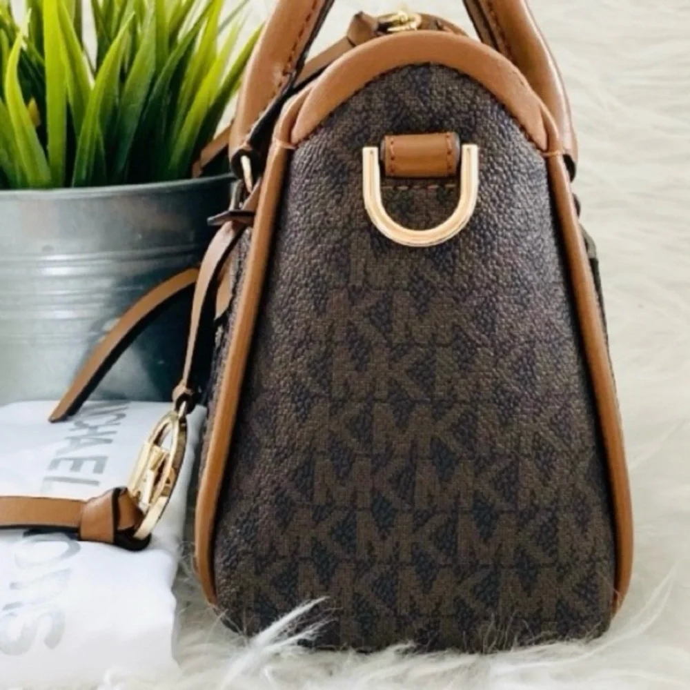 Michael Kors Carine Brown Monogram XS Satchel Crossbody Bag.